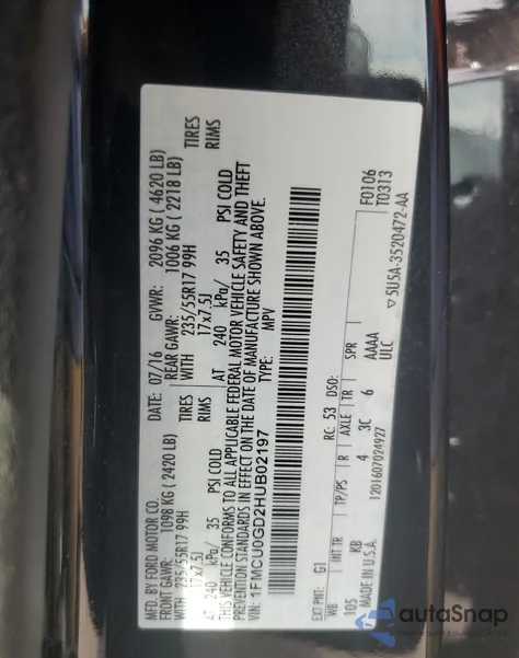 2017 Ford Escape Se z USA, uszkodzony, nr VIN 1FMCU0GD2HUB02197